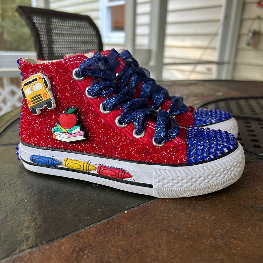 Custom Red and Blue Glitter High-Top Sneakers